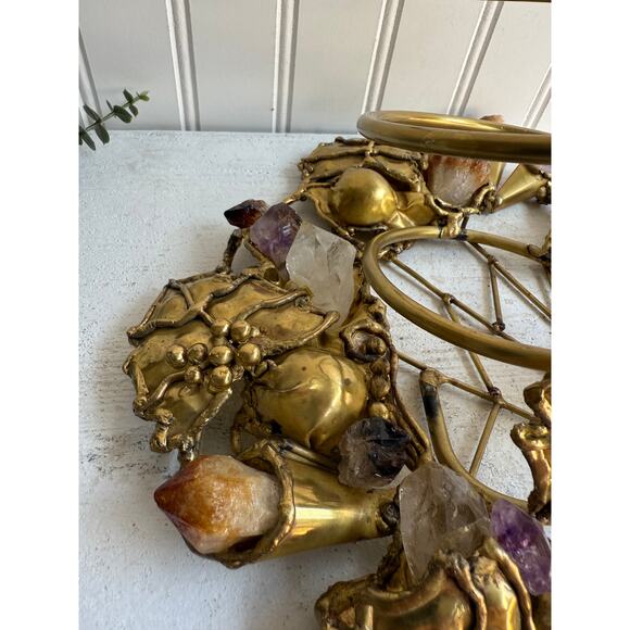 Vintage Handcrafted Brass Wine Bottle Holder | Amethyst & Quartz Gemstone - Picture 8 of 13